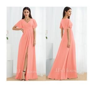 JJs House ALine Long Dress Sz 10 Surplice V Neck Flutter Sleeve Formal Coral NWT
